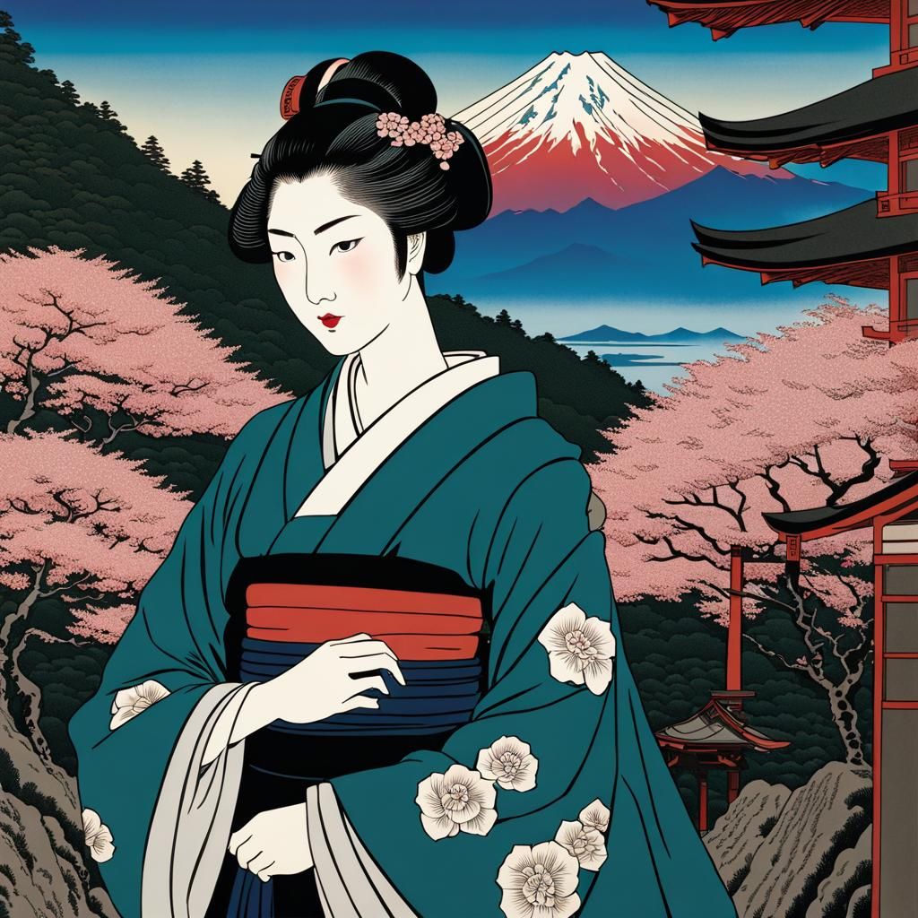 Ukiyo-e Woman with Roses and Mount Fuji