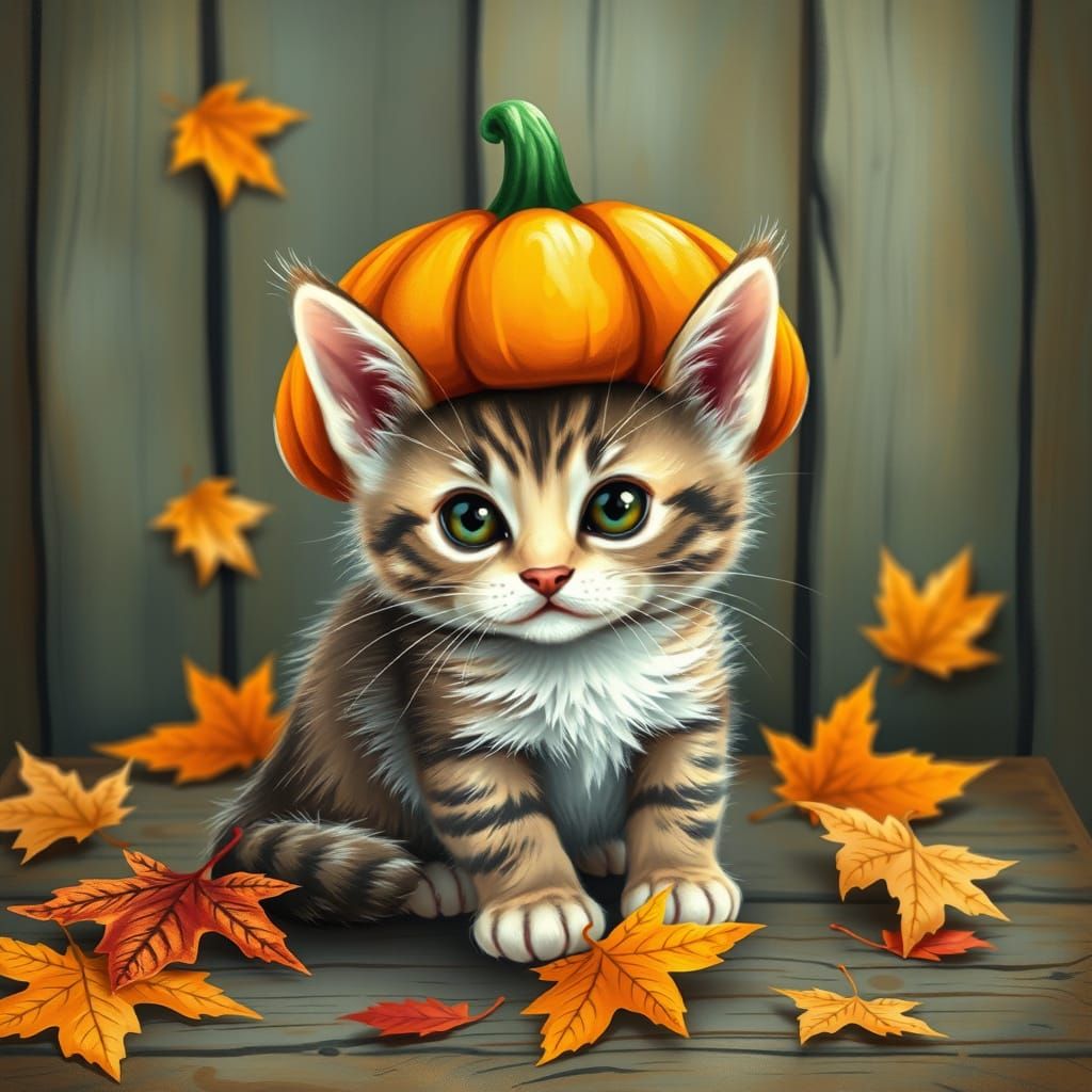 Kitten in Pumpkin Hat, Whimsical Autumn Scene