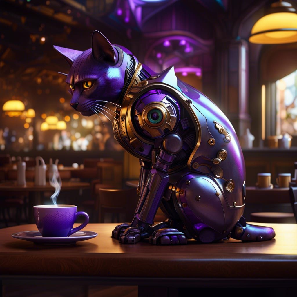 Robot Cat Sniffs Coffee: Dark Fantasy Concept Art
