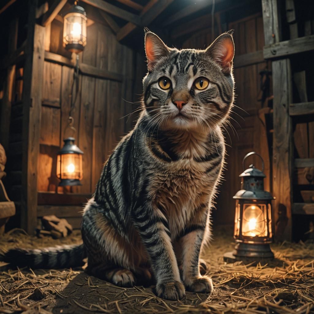 Grey Tabby Cat and Pig in Moody Barn