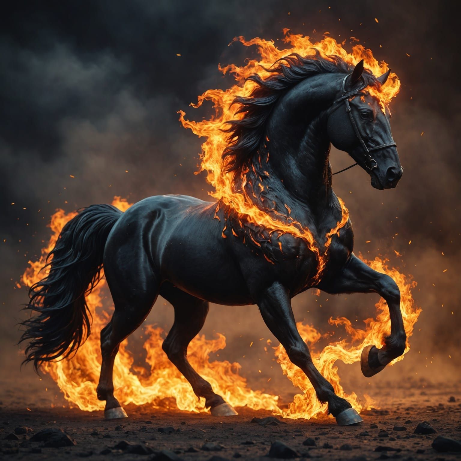 Fiery Black Stallion Rearing Up in Fantasy Art