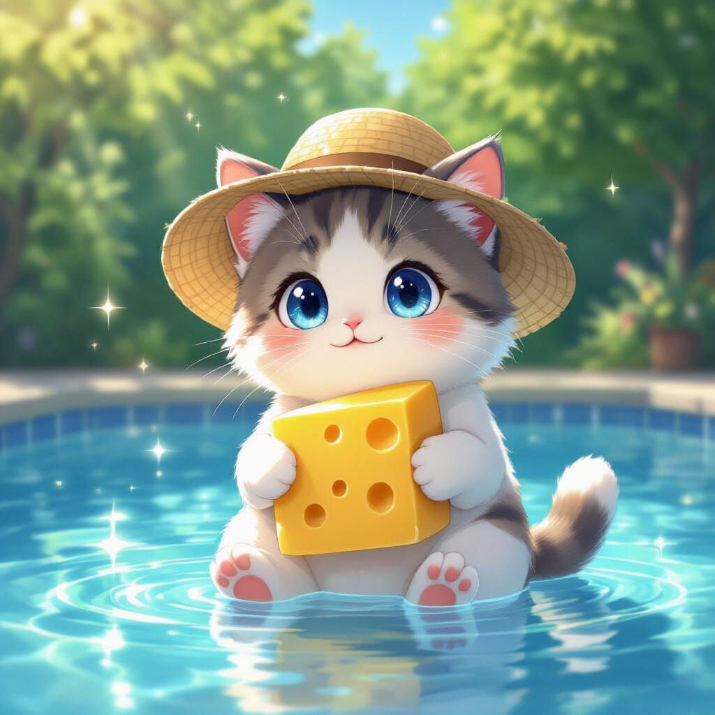 Anime Cat With Cheese by Pool in Ghibli Style