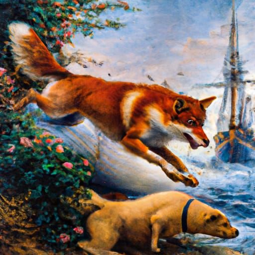 Fox and Dog on Ship, Thomas Kinkade Style