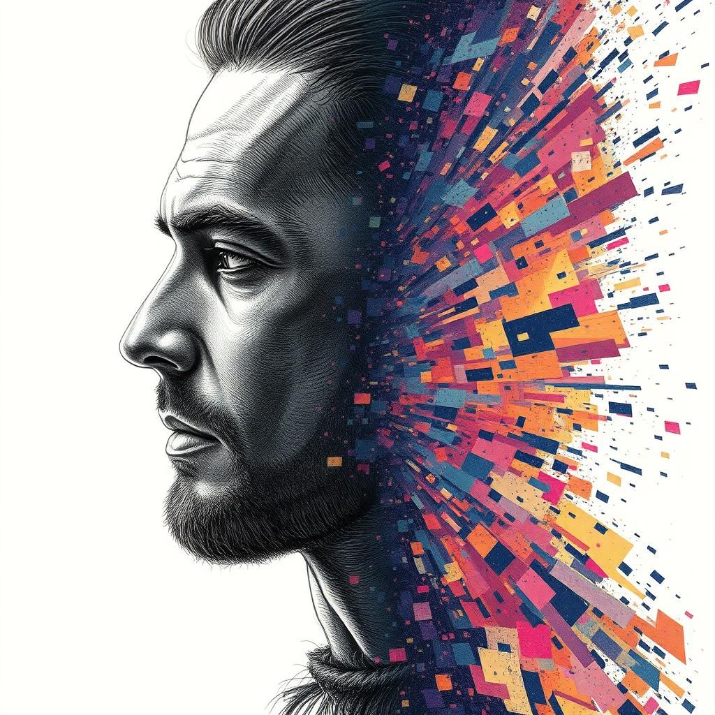 Pixelated Man: Digital Identity Dissolving into Chaos