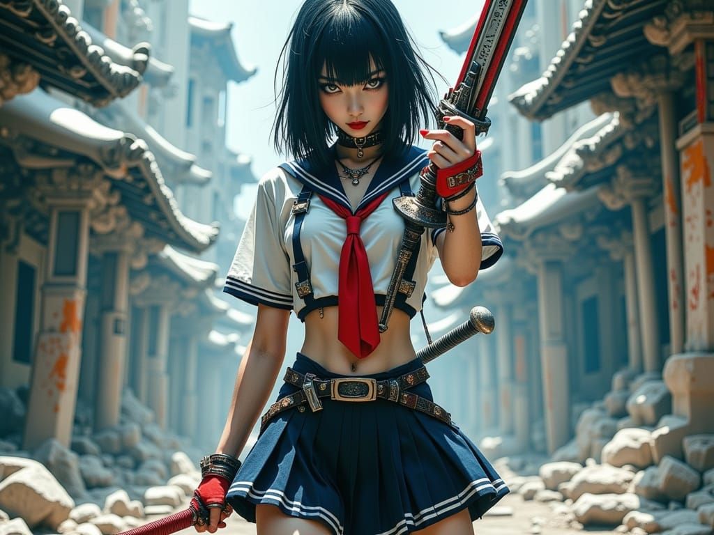 Dark Anime Portrait of a Fierce Japanese Schoolgirl with a M...