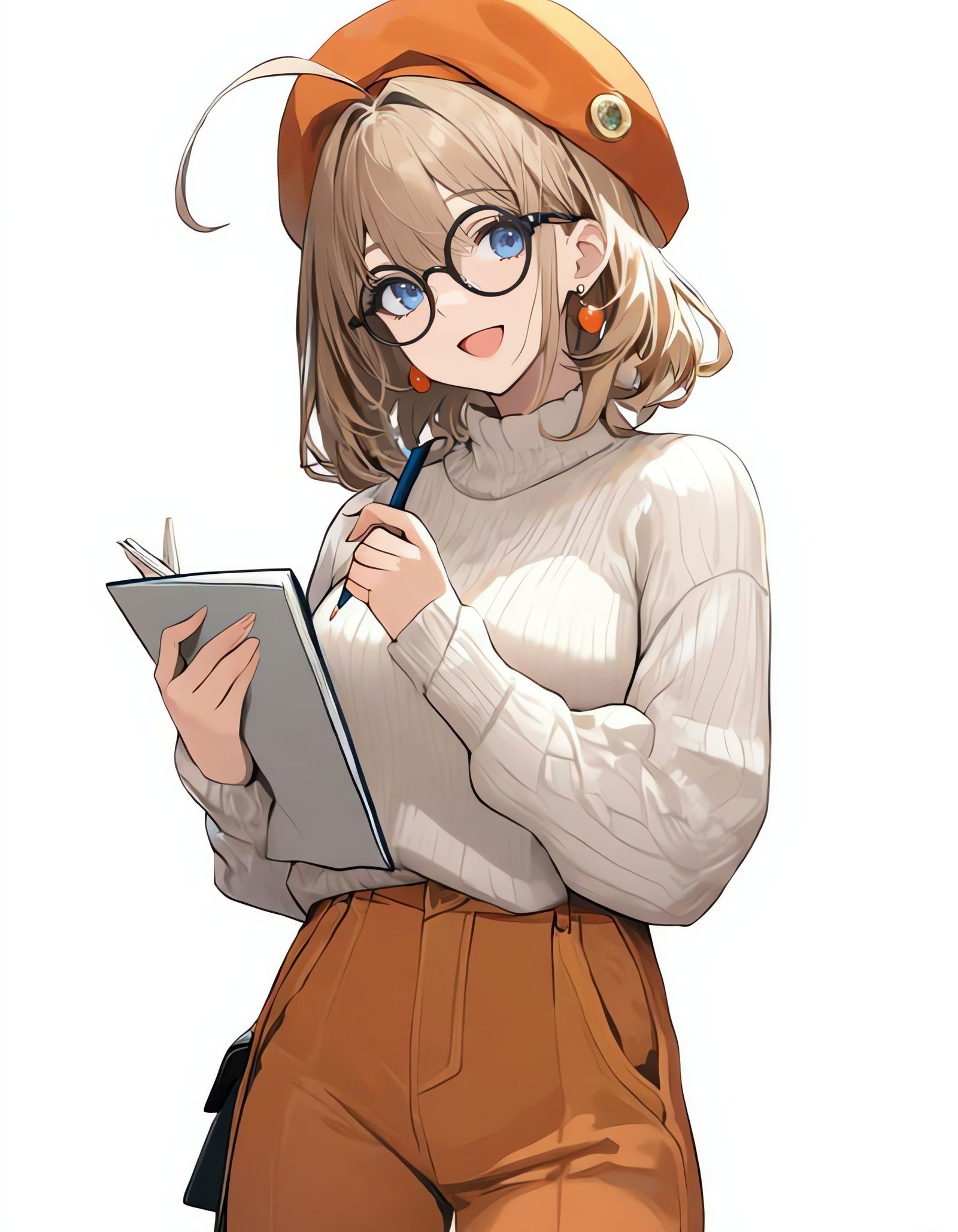 Smiling Girl in Beret with Pencil and Notebook