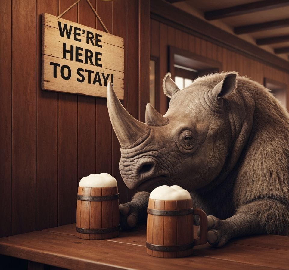 Woolly Rhino Enjoys a Pint: Prehistoric Pub Scene