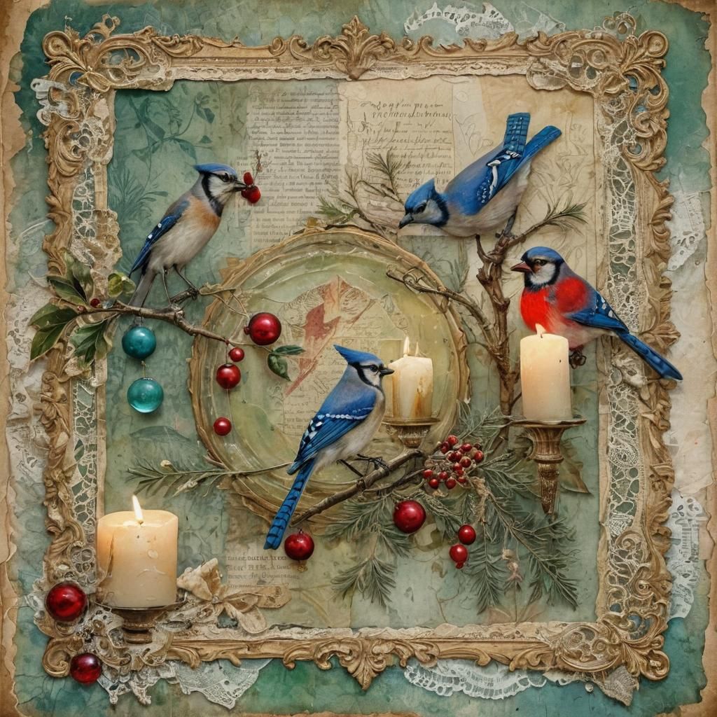 Vintage Christmas Collage with Blue Jays