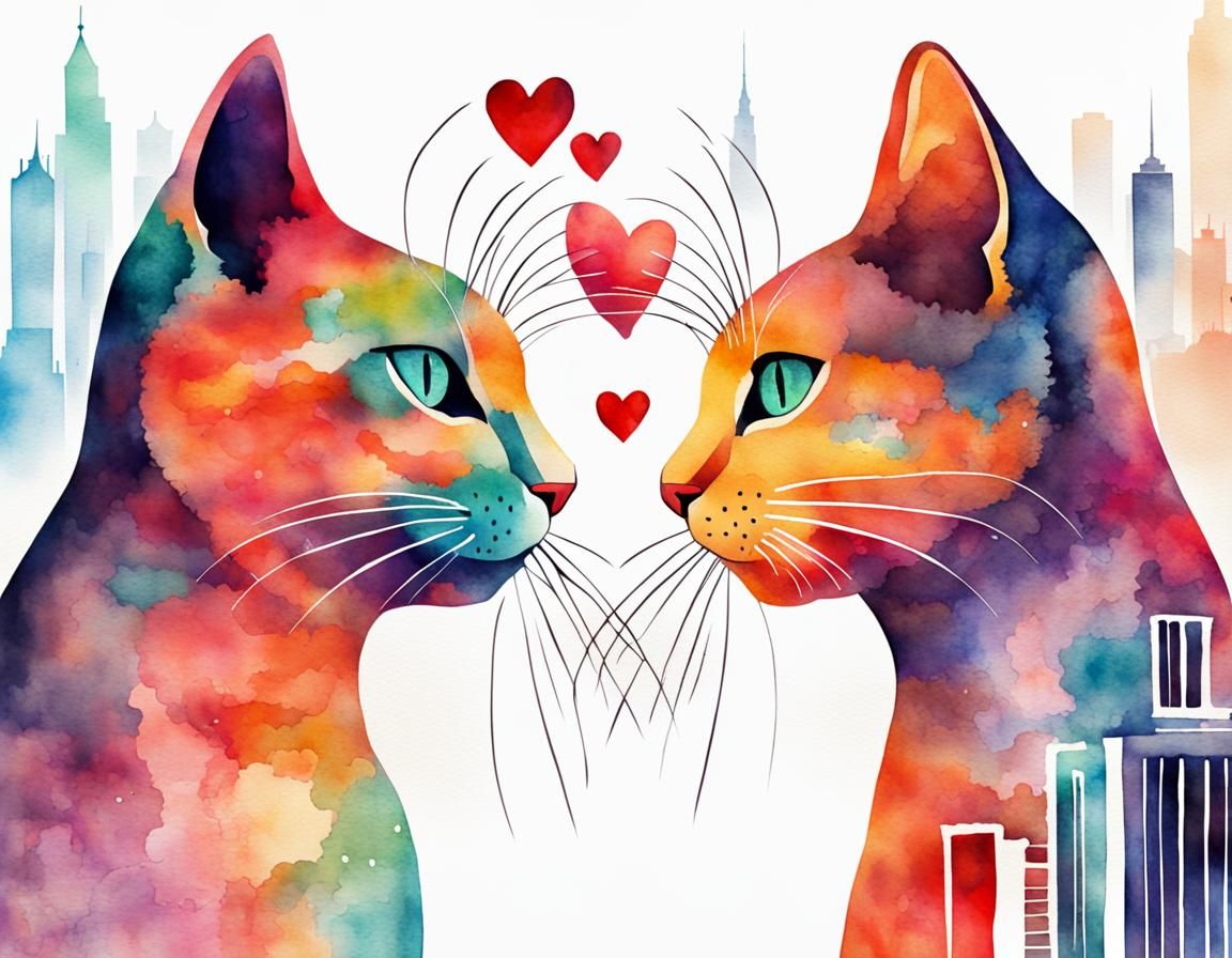 Watercolor Cats Touching Noses in Abstract City