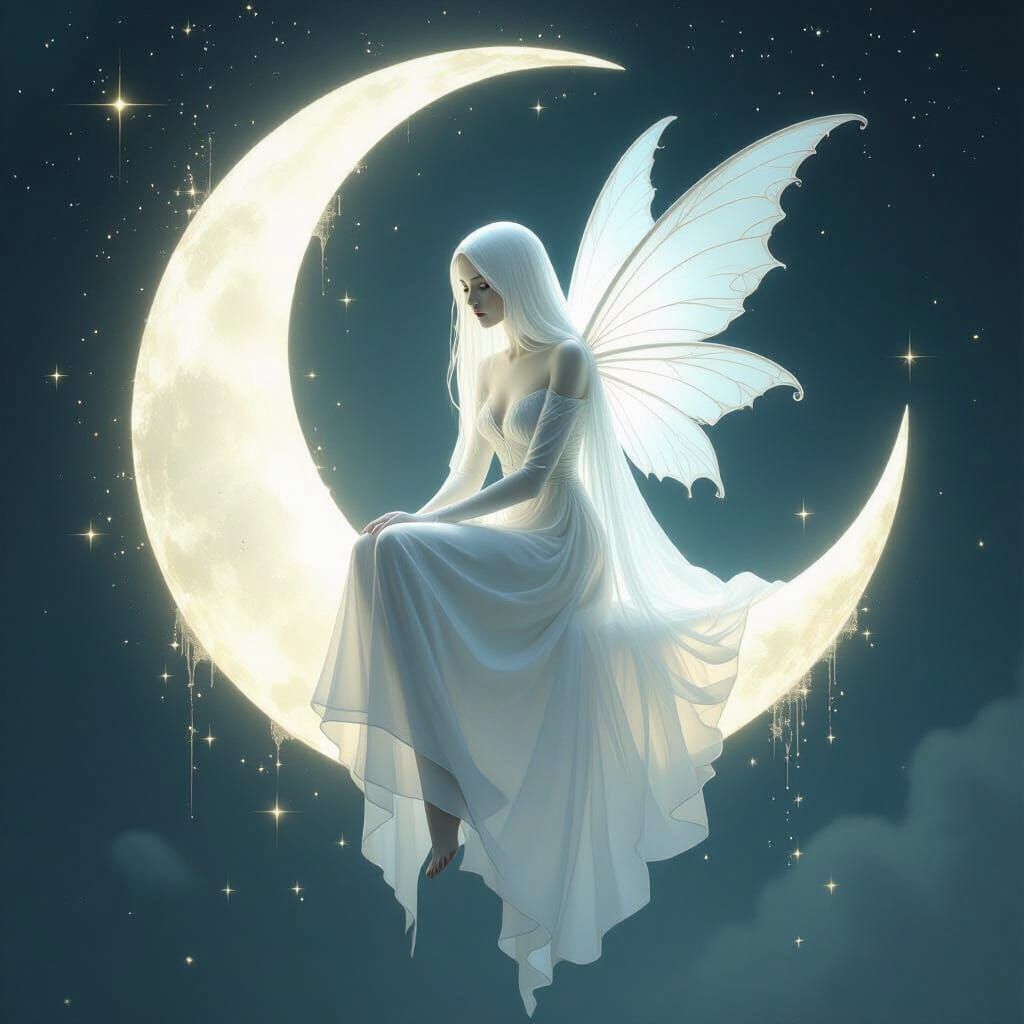 Ghost Fairy on Crescent Moon in Ethereal Style