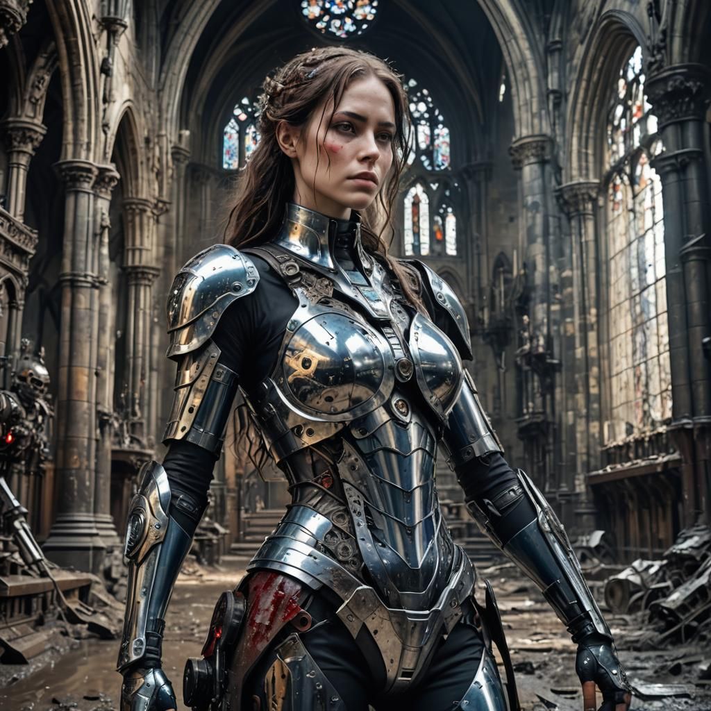 Wounded Cyborg in Gothic Ruins: Biomechanical Art