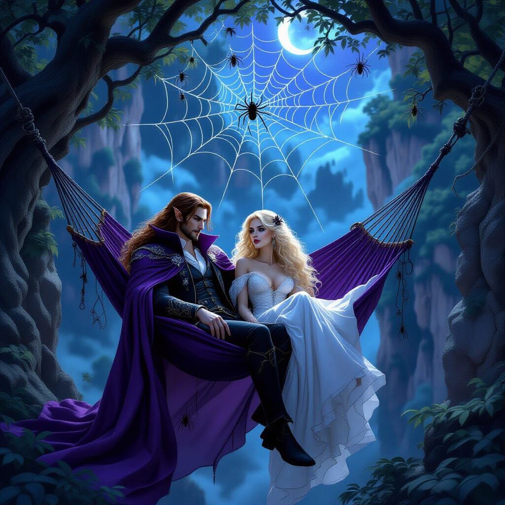 Vampire Man in Spiderweb Hammock with Woman, Dark Fantasy Ar...