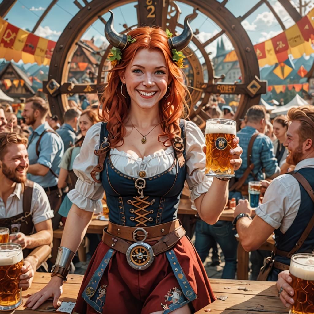Oktoberfest Cartoon Woman with Quantum Clockwork Details
