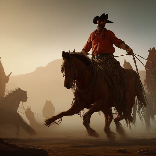 cowboy tied up by red Indians on horses , detailed matte painting, deep color, fantastical, intricate detail, splash scr...