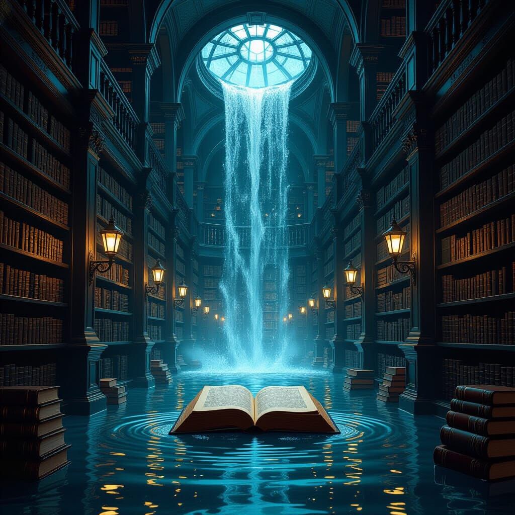 Ethereal Waterfall Cascading Through Ancient Library