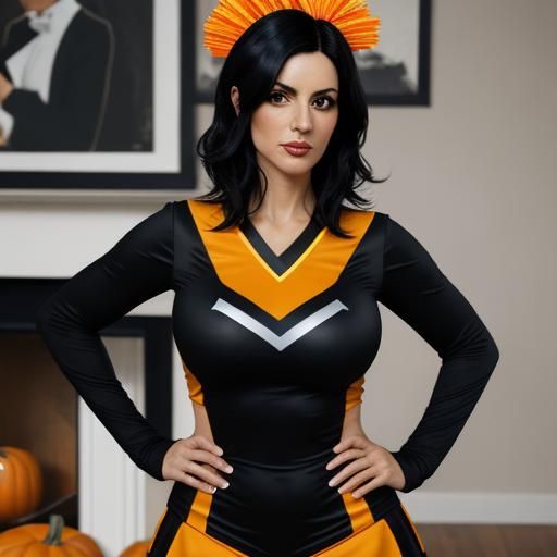 Spanish Woman as Cheerleader Handing Out Candy