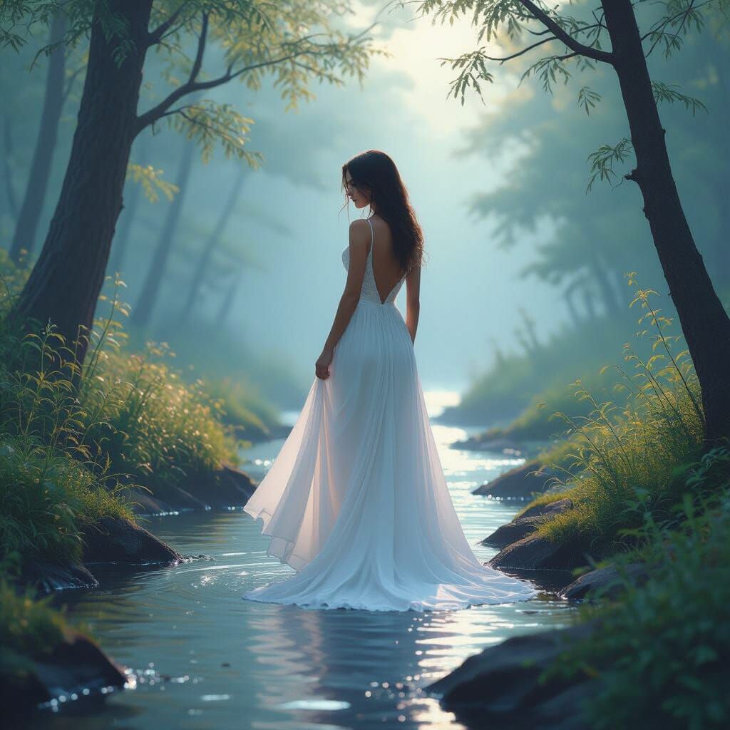 Ethereal Woman in Forest by Stream at Dawn