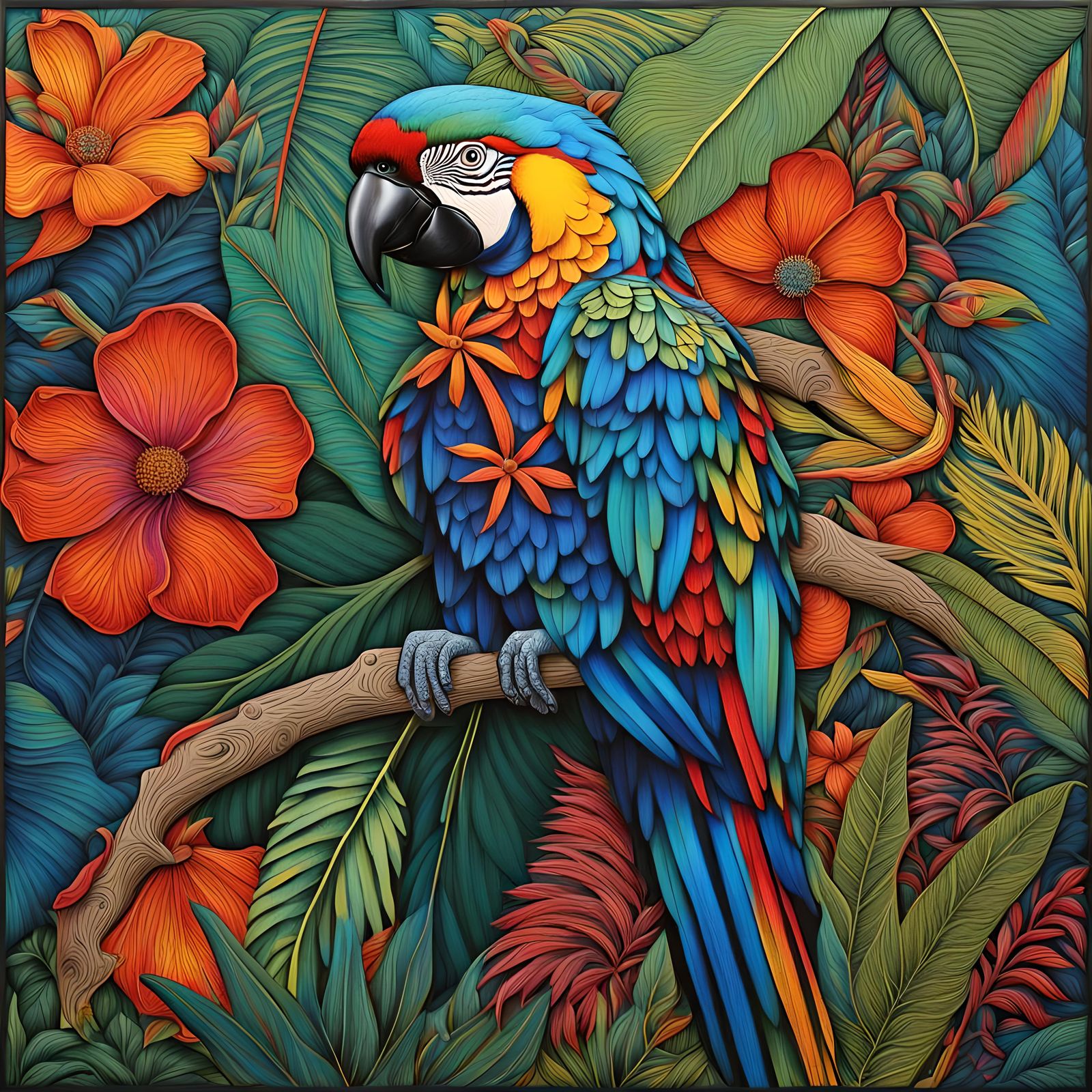Colorful Parrot in Jungle, Layered Woodcut Style