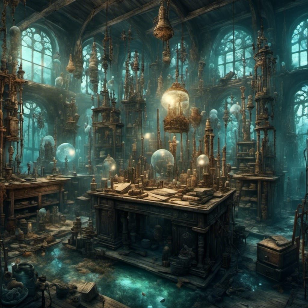 Underwater Steampunk Laboratory with Mermaids