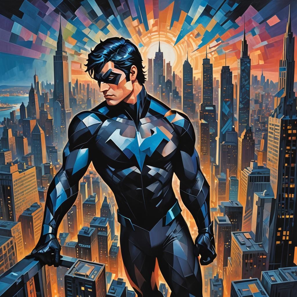 Nightwing perched atop a Gotham City skyscraper at dusk frag...