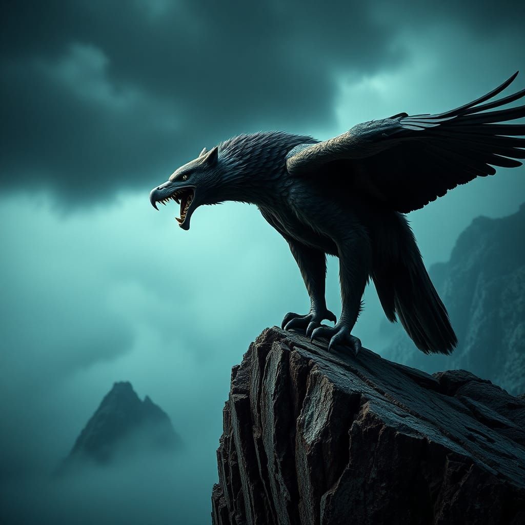 Angry Wolf-Eagle Hybrid on Jagged Cliff at Twilight