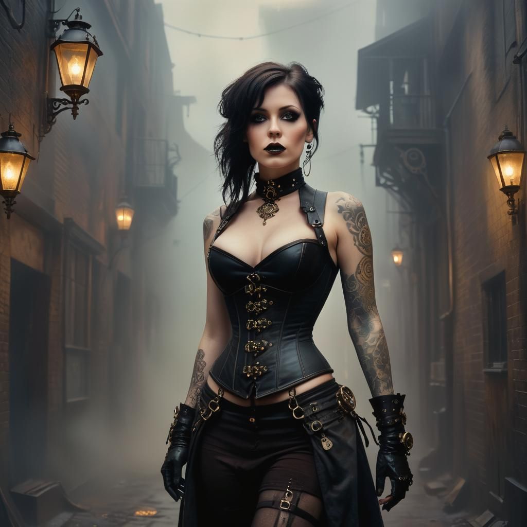Gothic Steampunk Woman in Foggy Alleyway