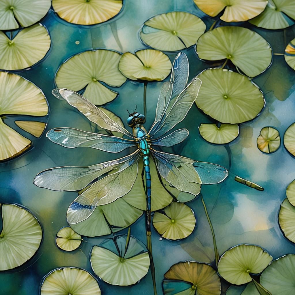 Dragonfly and Lily Pad in Abstract Expressionism