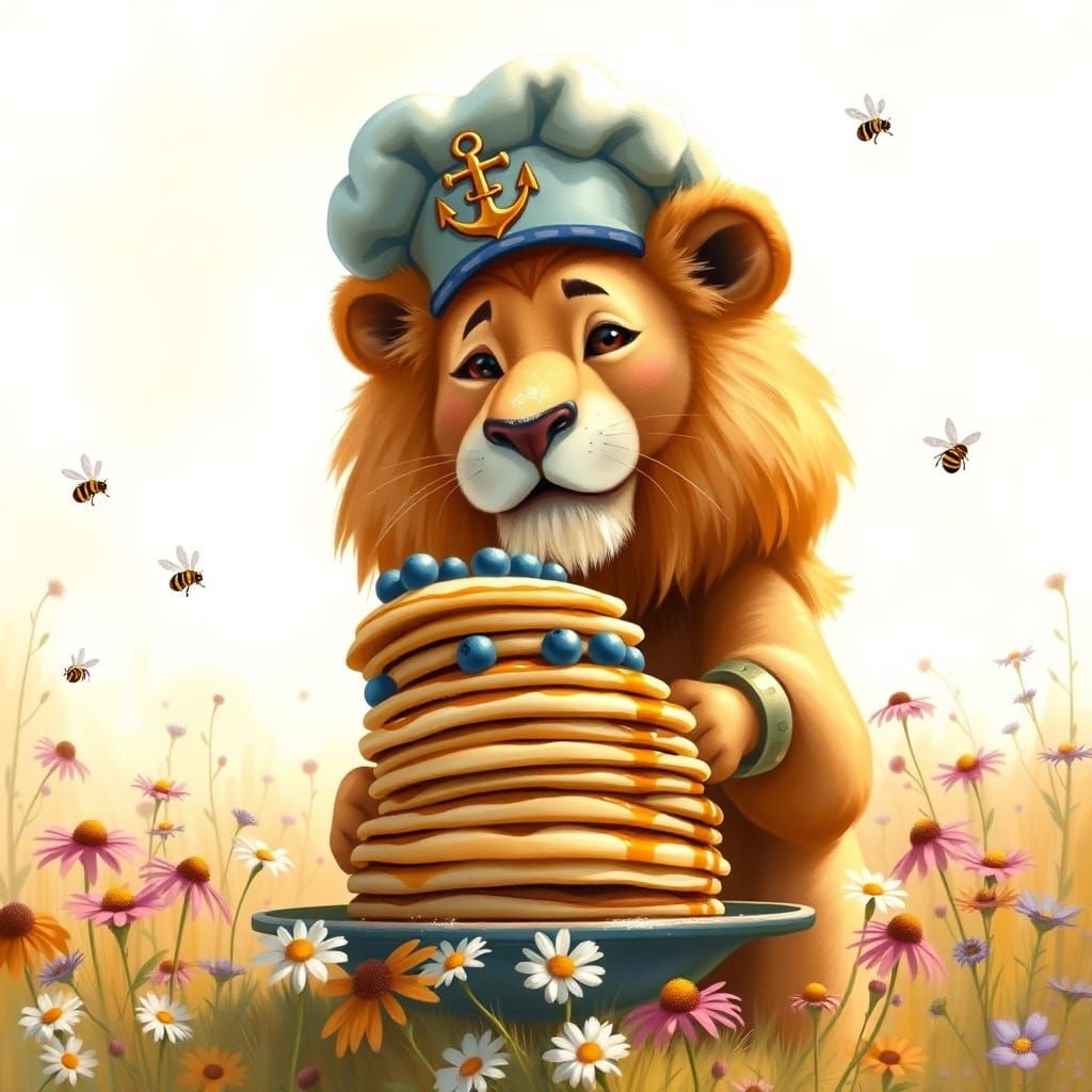 Majestic Lion Flips Blueberry Pancakes in Sunlit Meadow