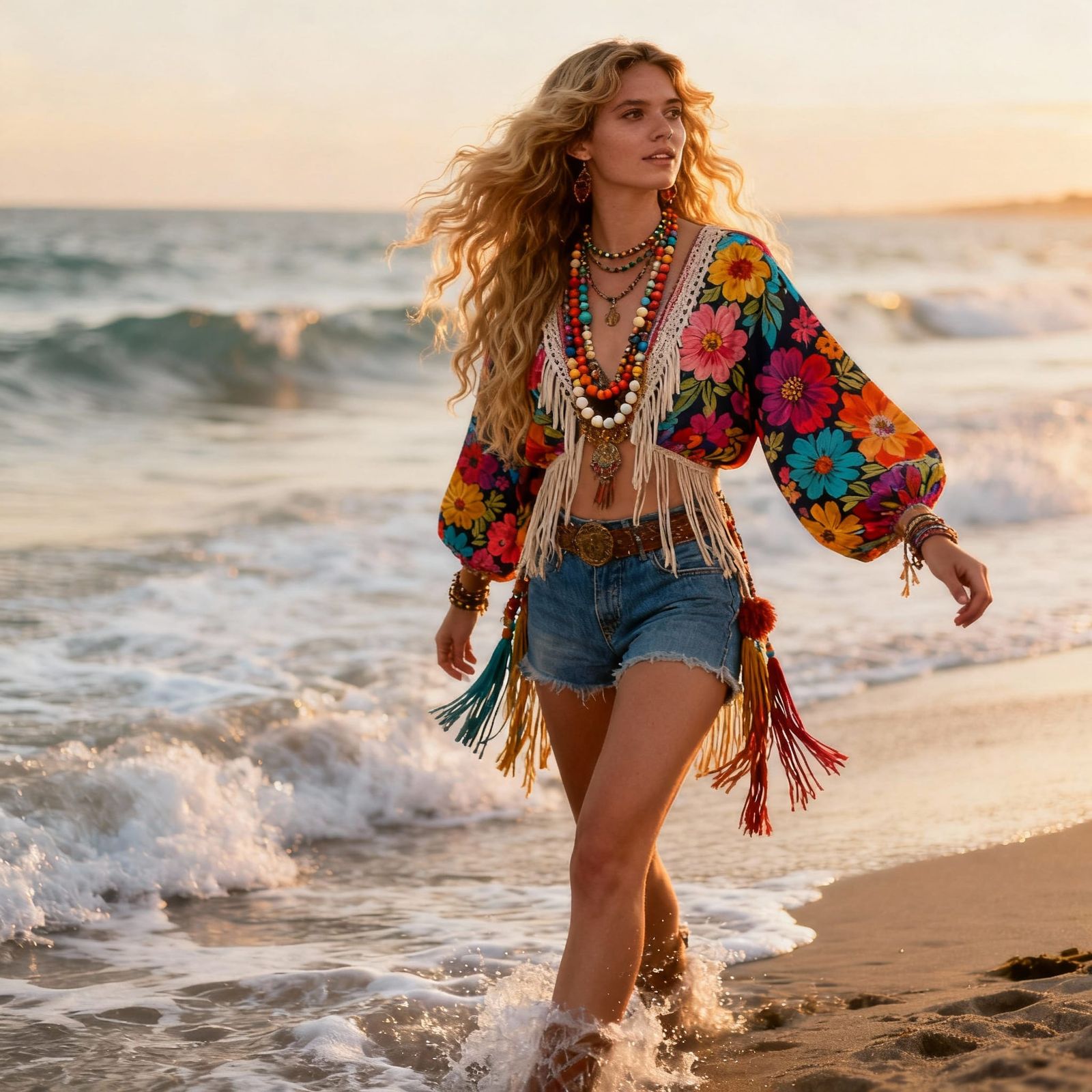 1970s Hippie Woman on Beach in Golden Hour Light