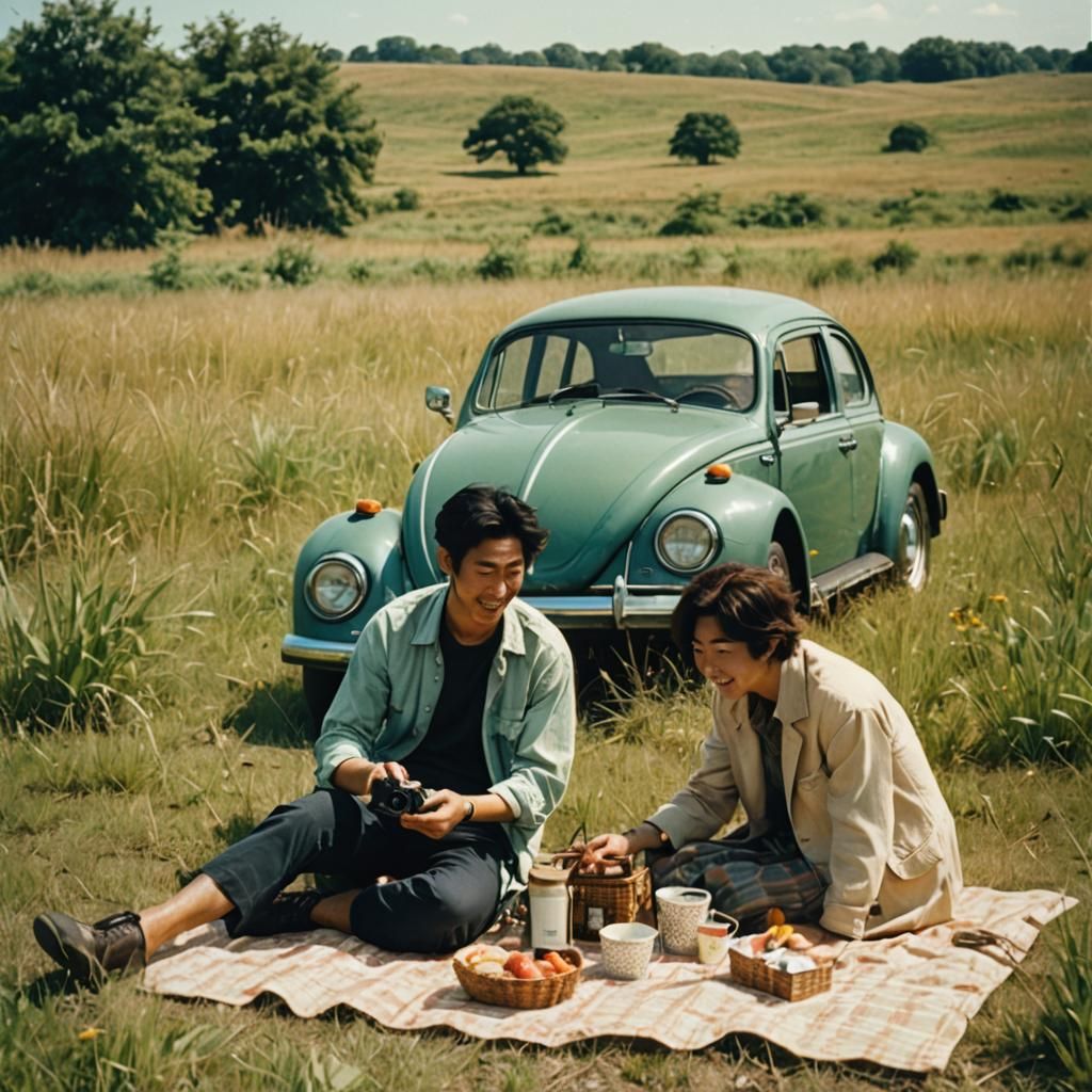 Japanese Couple's Prairie Picnic, 80s Cinematic Film
