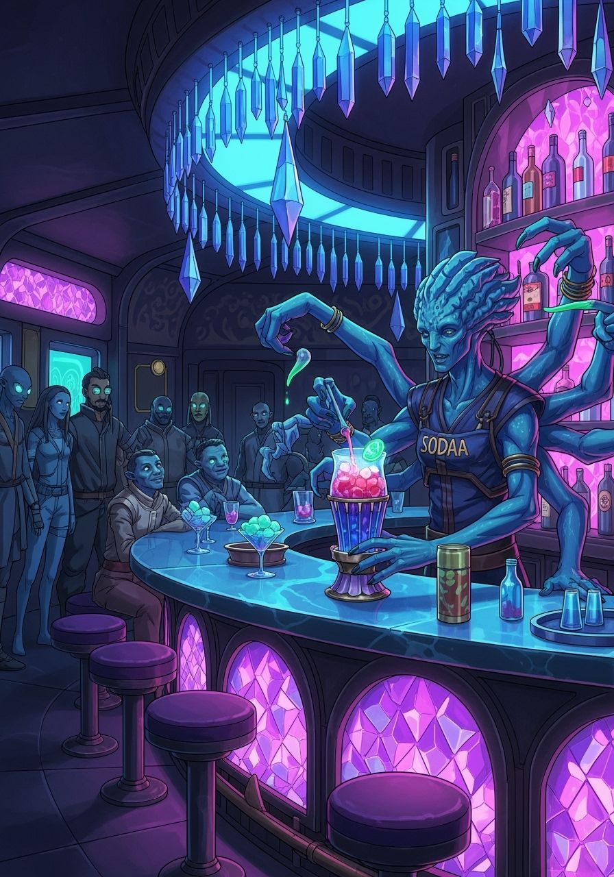 Alien Bartender in Sci-Fi Cantina with Anime Style