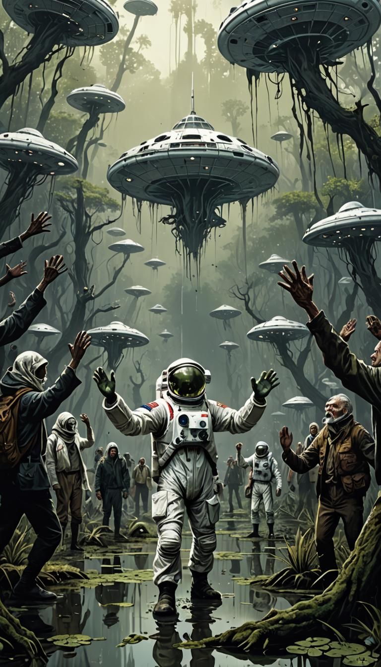 Hopeful Crowd Greet Spaceship in Swamp, Detailed Matte Paint...