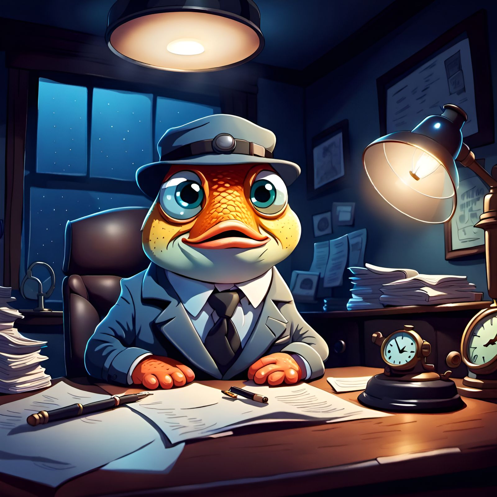 Cartoon Fish Detective in Office at Night