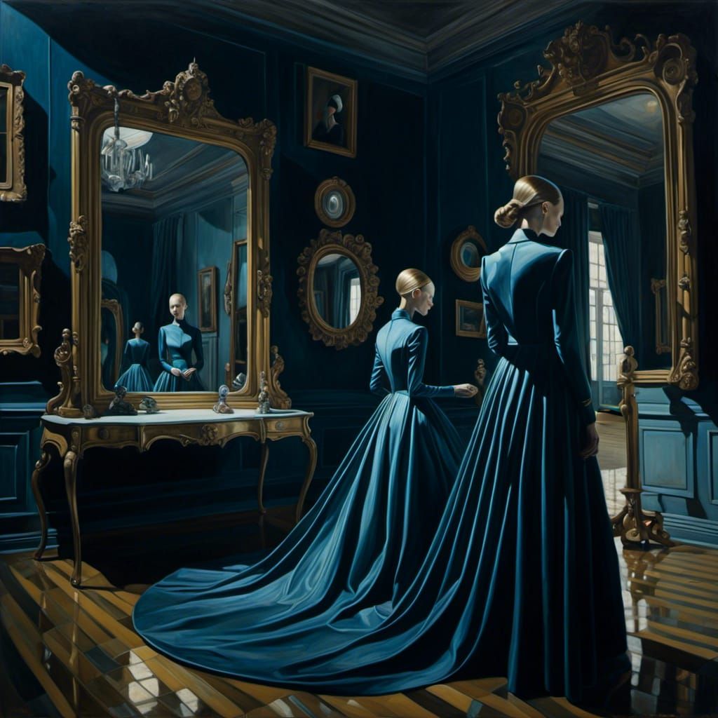 Surreal Sleepwalking Woman and Mirror Reflection