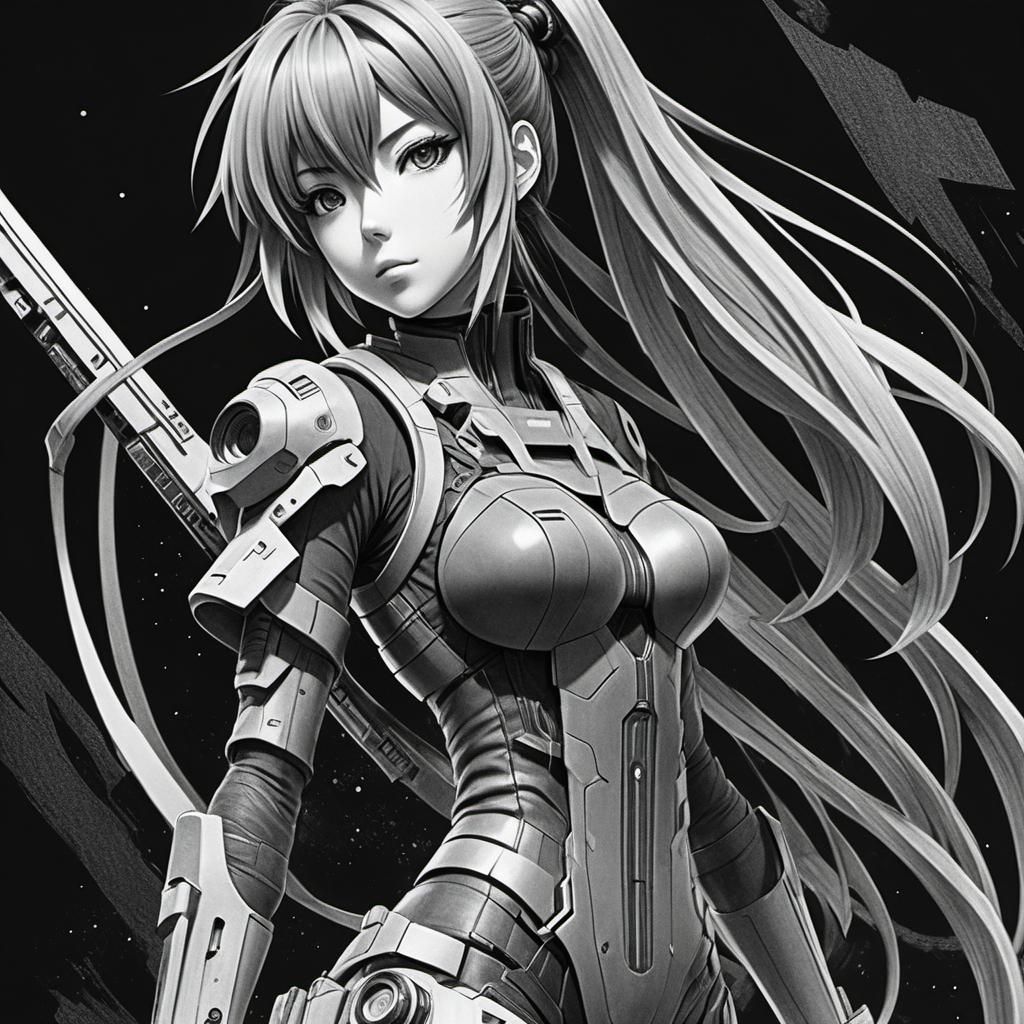 Hyperdetailed Sci-Fi Anime Girl Charcoal Drawing