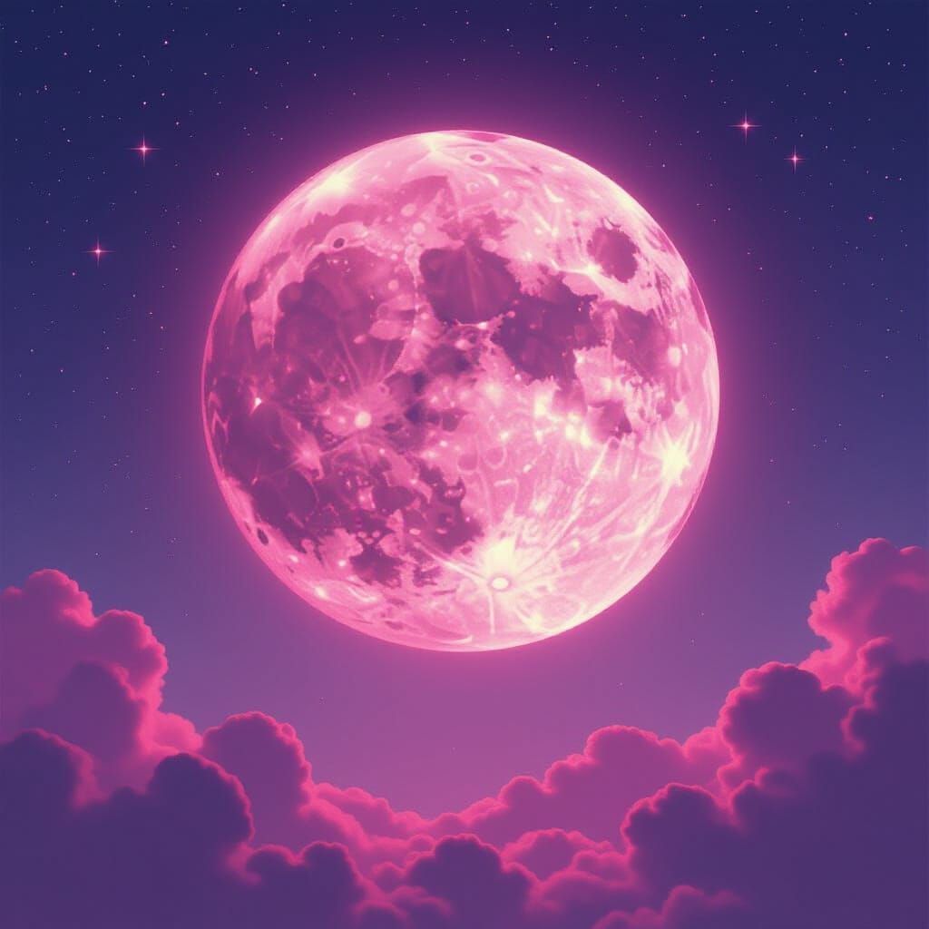 Hot Pink Moon and Stars in Ethereal Digital Art