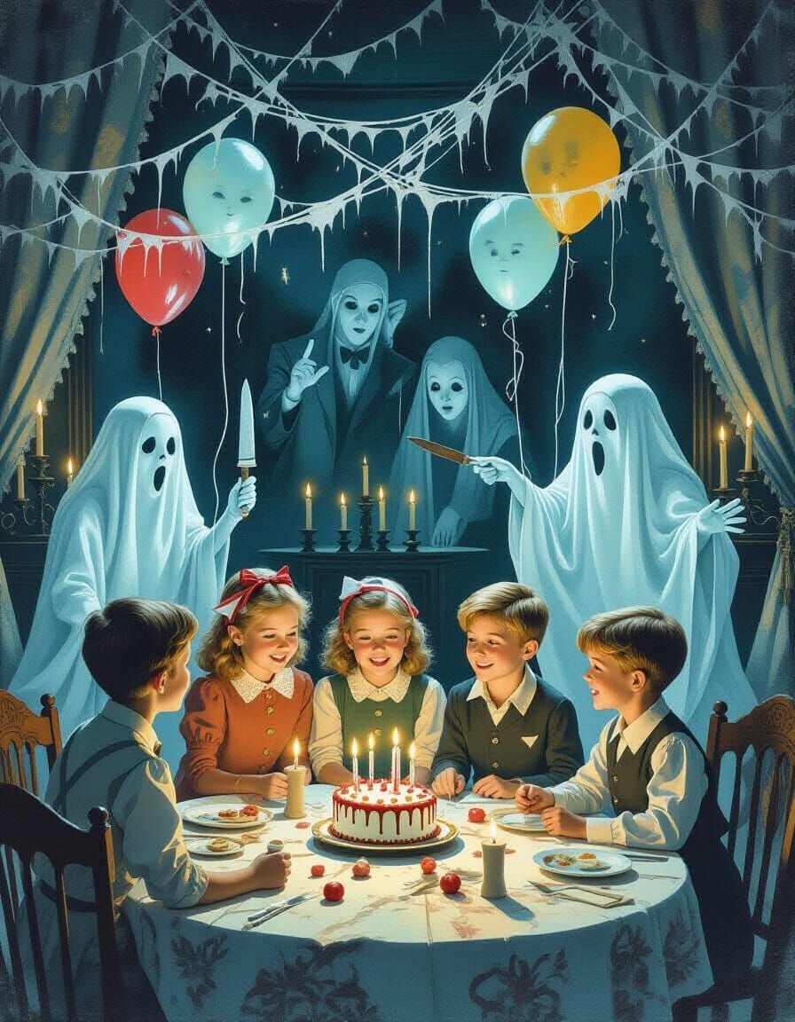 Children Play Pin the Tail on the Phantom in Haunted Manor