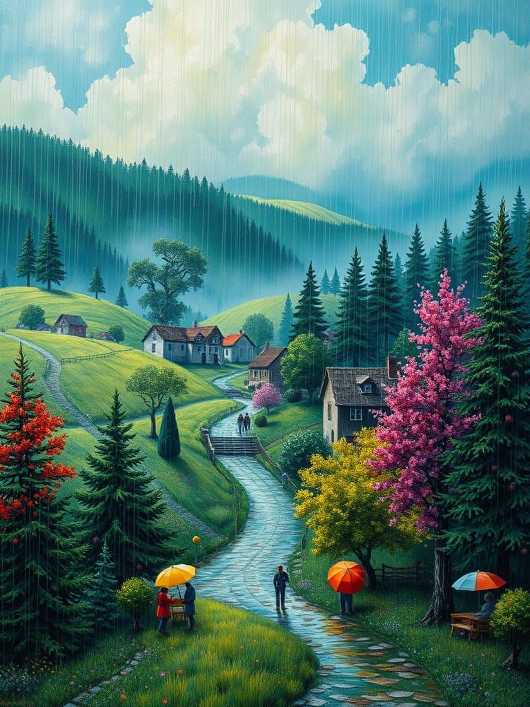 Misty Village Under Rainy Skies in Impasto Style