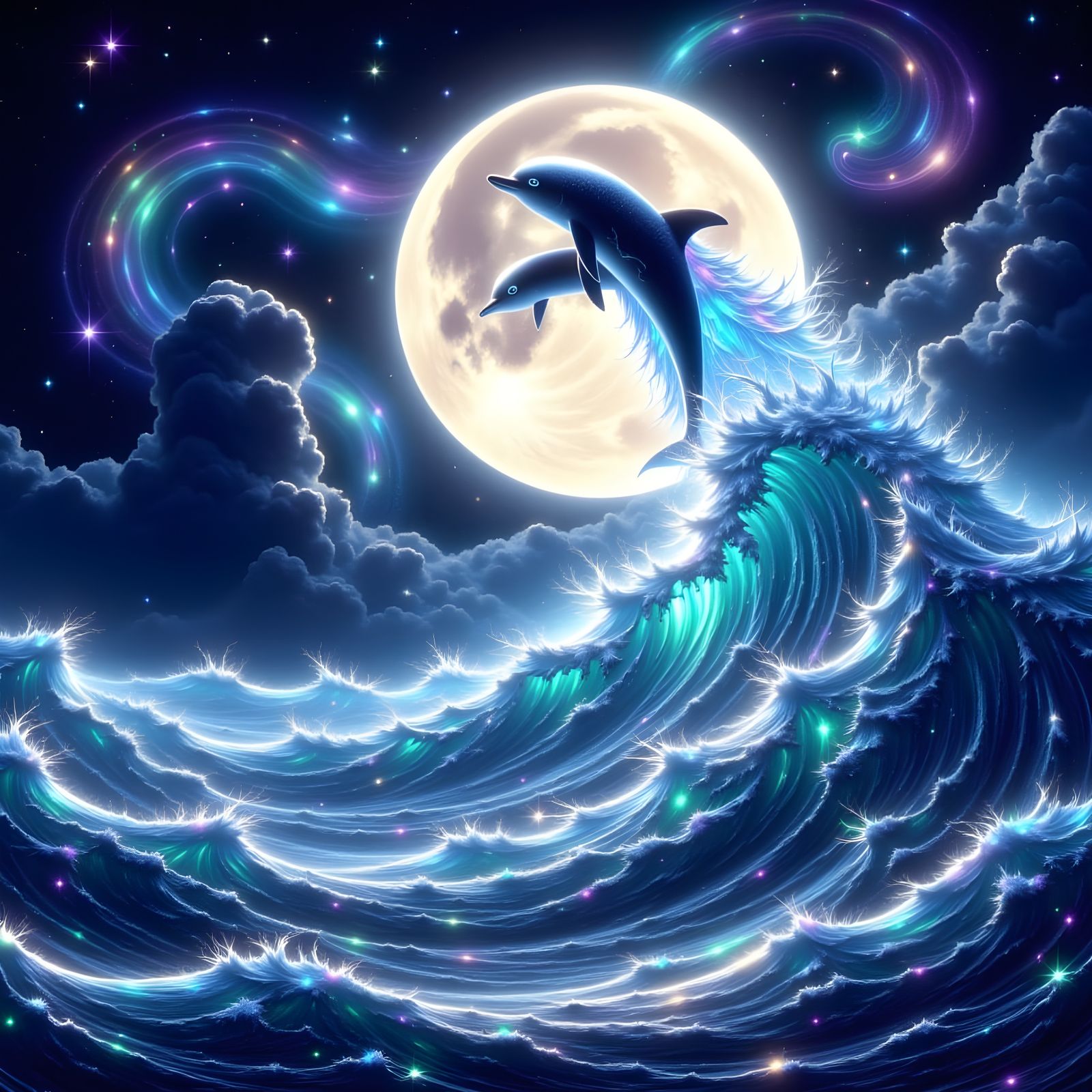 Dolphins Leap Over Moon in Cosmic Shimmer Style