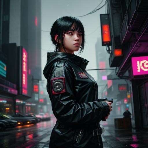 Cyberpunk Female Protagonist in Rainy City