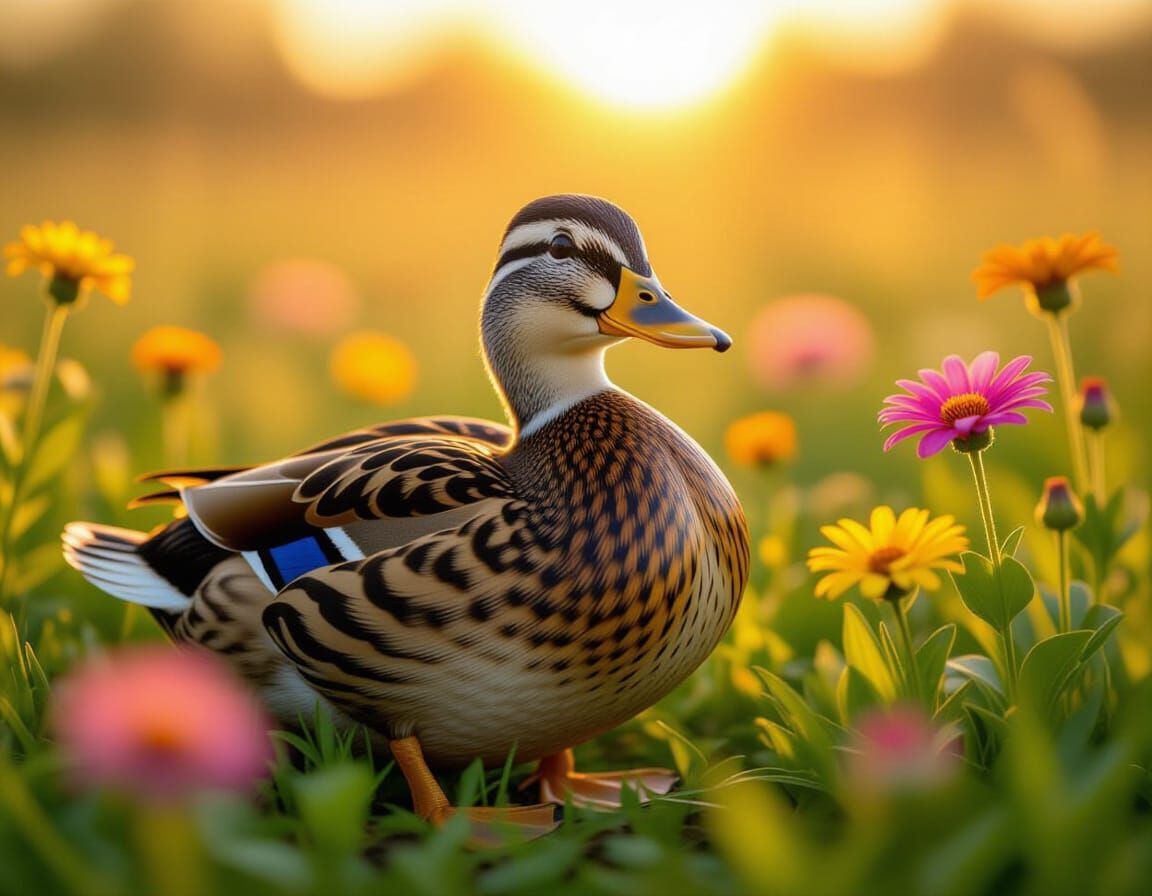 Happy Blooming Duck in Golden Hour Nature