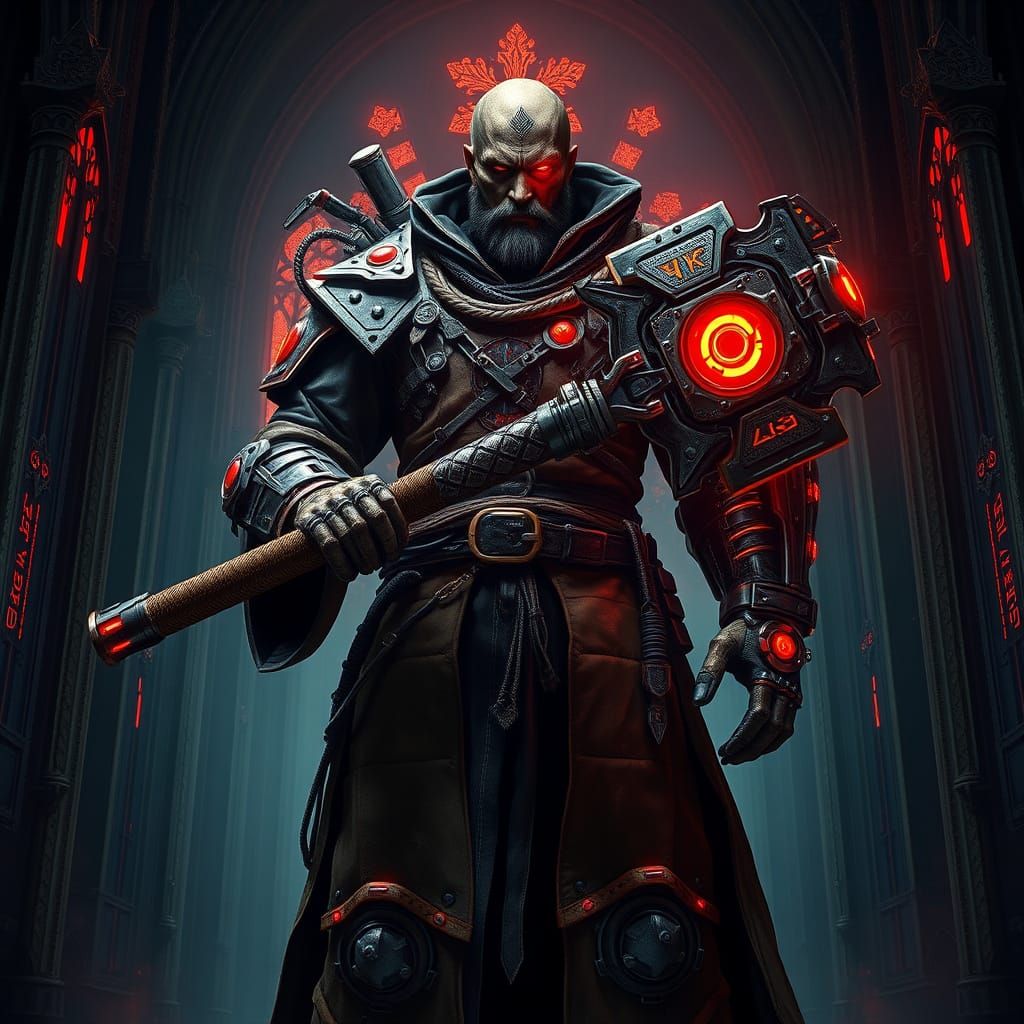 Cybernetic Tech Priest in Dark Gothic Sci-Fi Cathedral