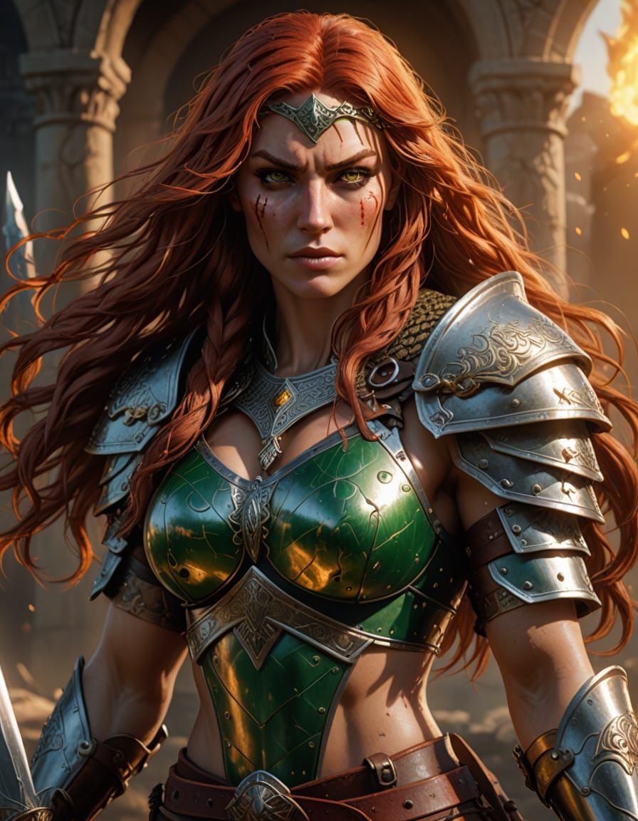 Ethereal Red Sonja Portrait in Vibrant Digital Art