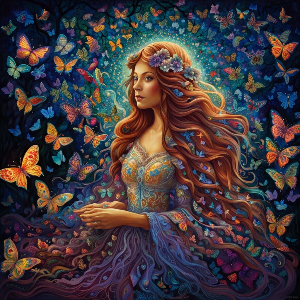 Opalescent Butterfly Woman in Enchanted Forest