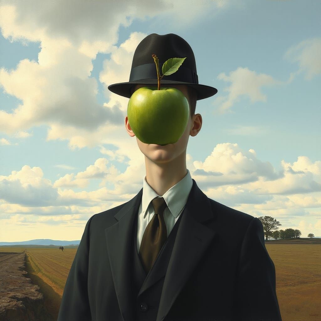 Surreal Man with Apple: A Magritte-Inspired Portrait
