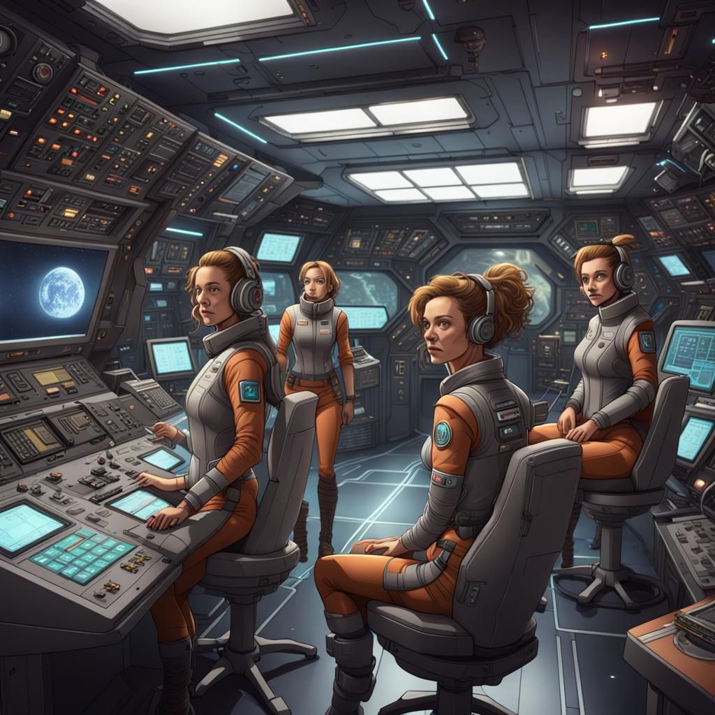 Spaceship Crew in Cel-Shaded Solarpunk Control Room