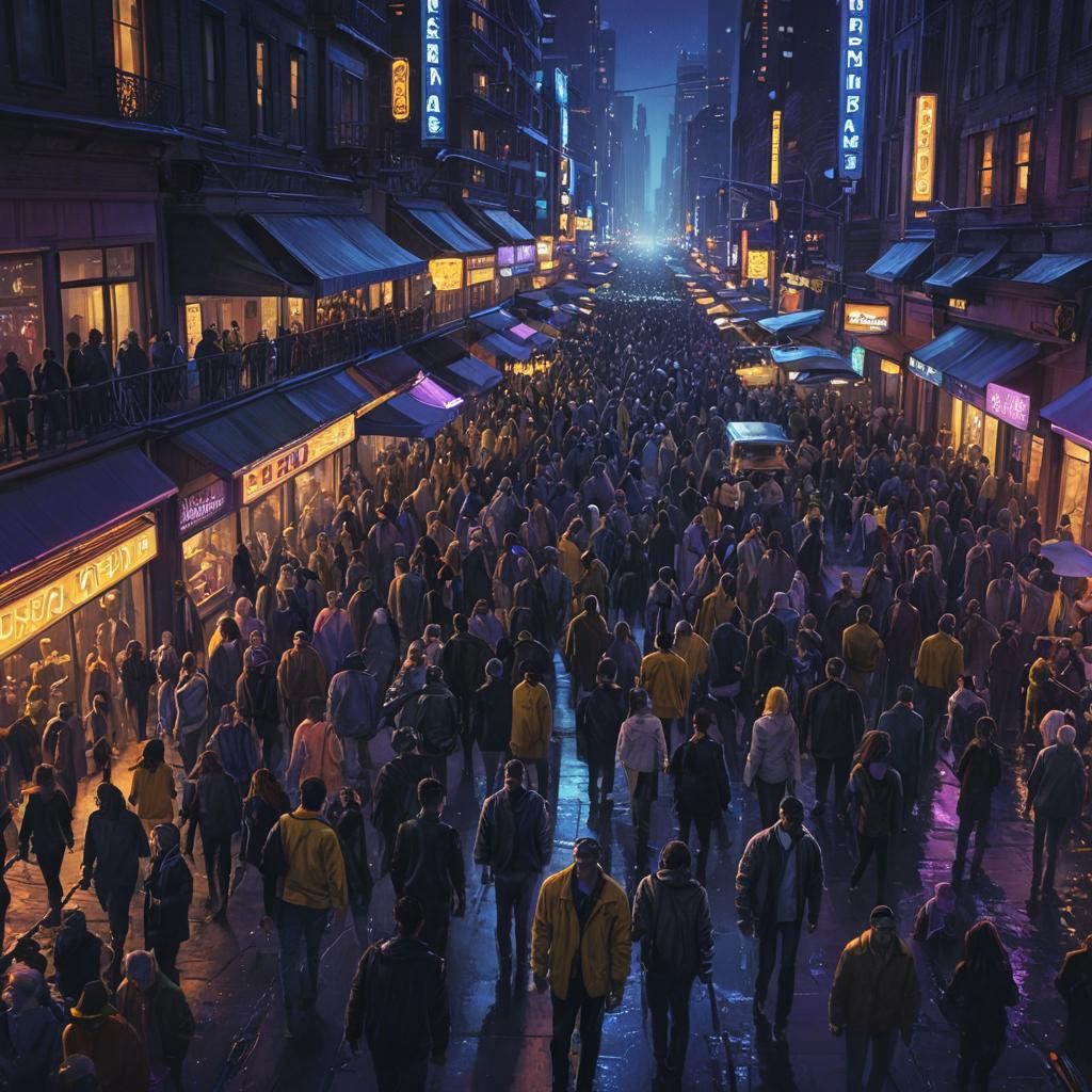 Night City Street Party in Neon-Lit Fantasy Style