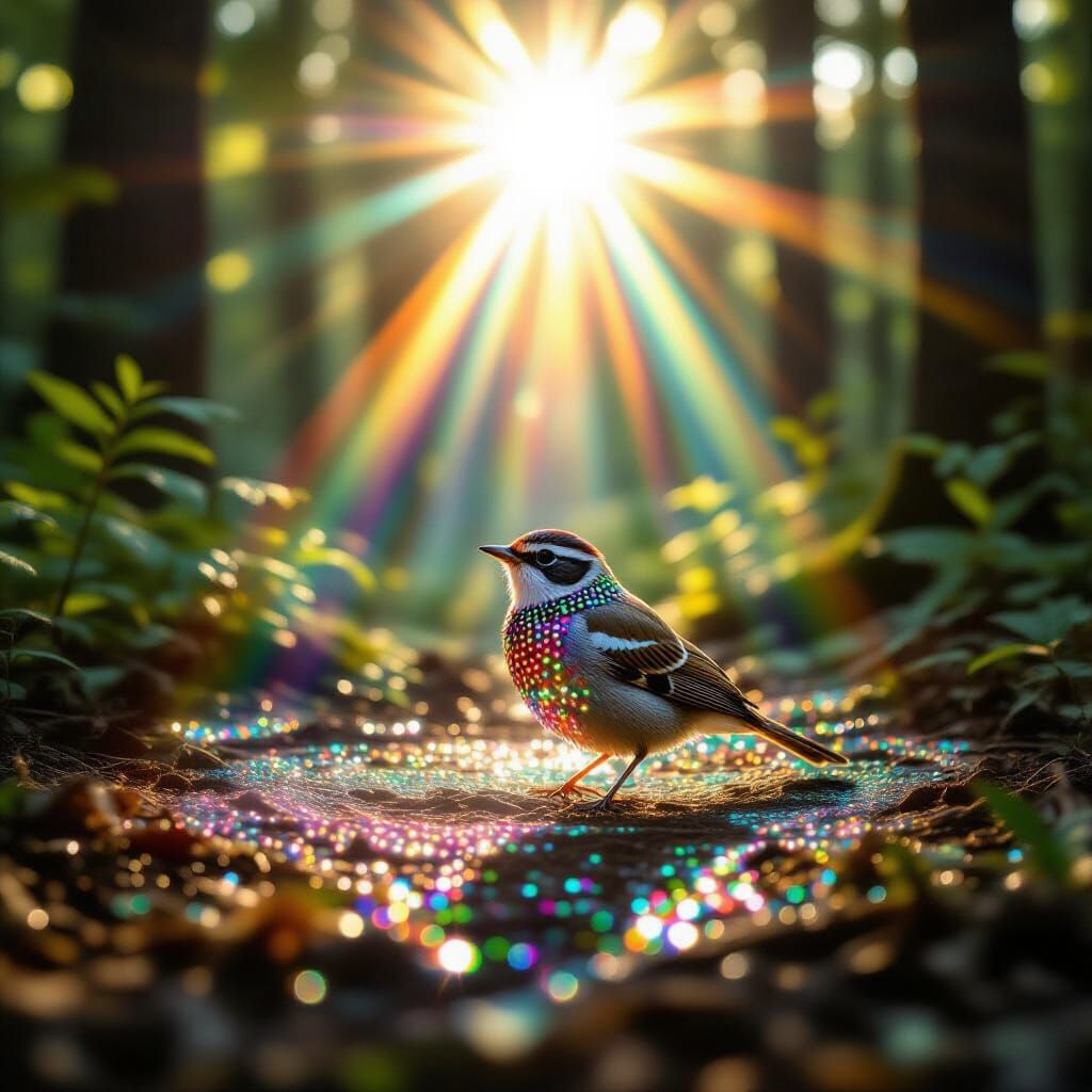 Rainbow Beaded Bird in Forest Prism Light