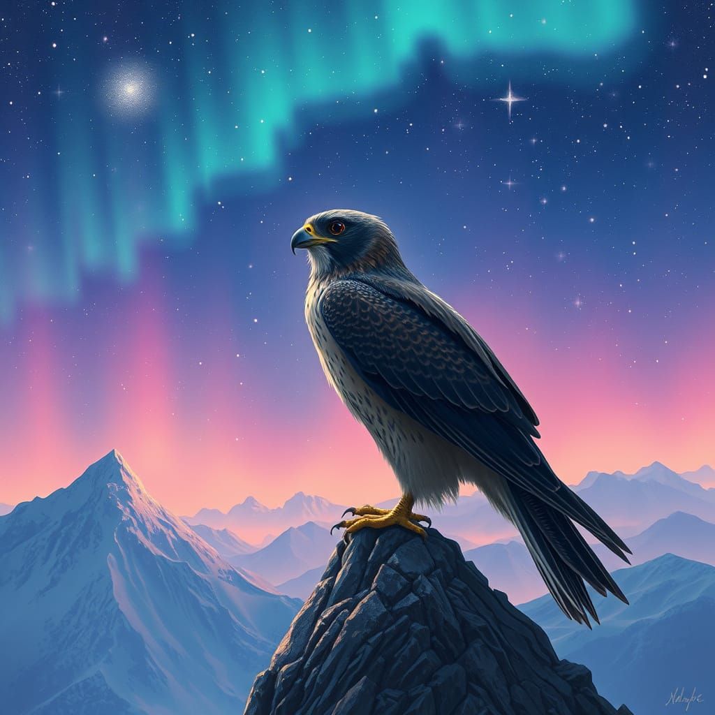 Falcon Listening to Stars: Ethereal Landscape