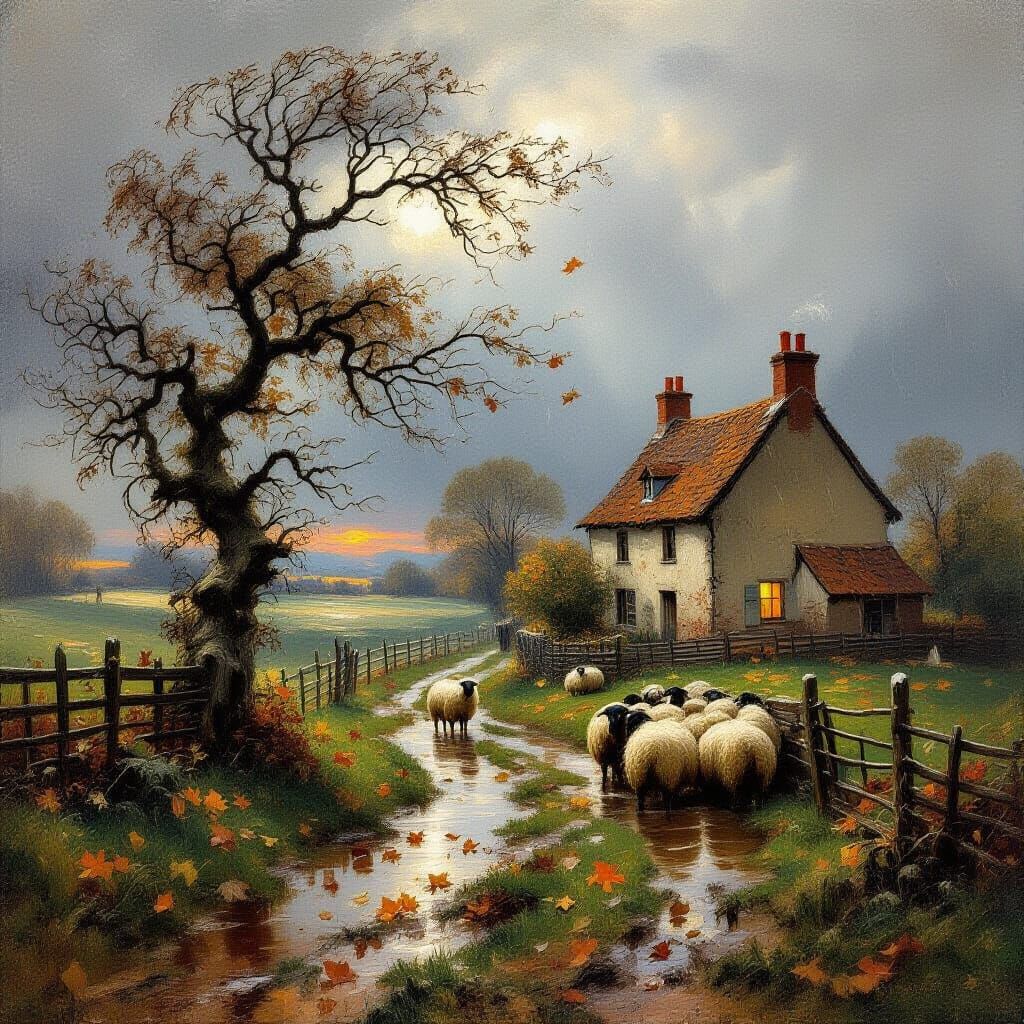 JMW Turner Style Oil Painting of a Farm in a Storm